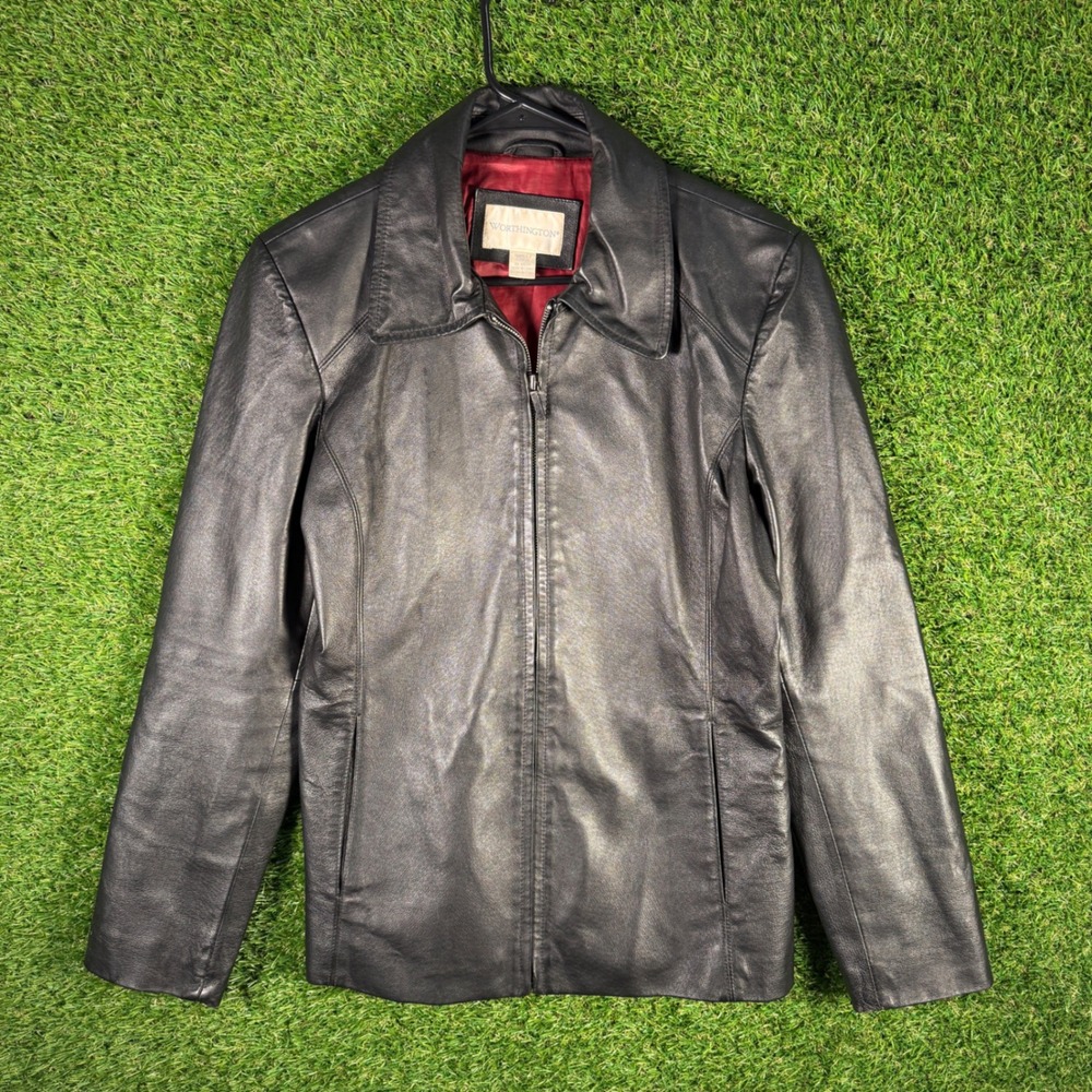 Worthington Leather Jacket Womens Small Black Burgundy Lined Zip Up‎